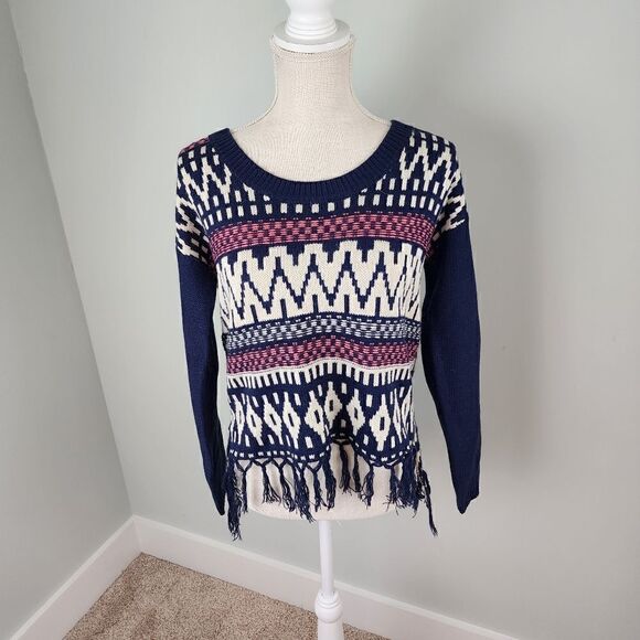 Flying Tomato Sweaters - FLYING TOMATO WOMEN'S SOUTH WEST FRINGED BLUE AND CORAL SWEATER SIZE SMALL